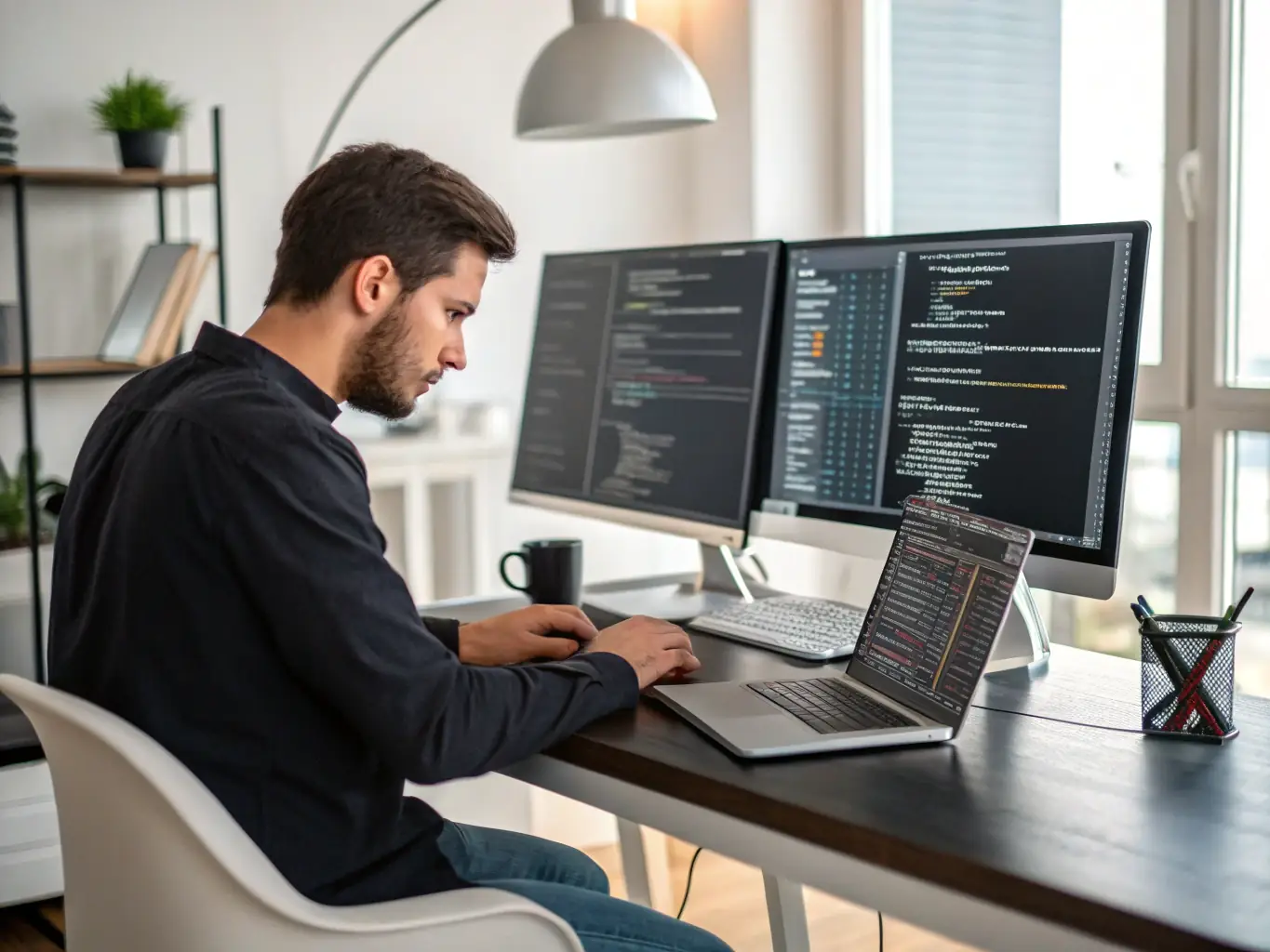 A focused AI developer working on a complex algorithm, surrounded by multiple monitors displaying code and data visualizations, in a modern office setting.